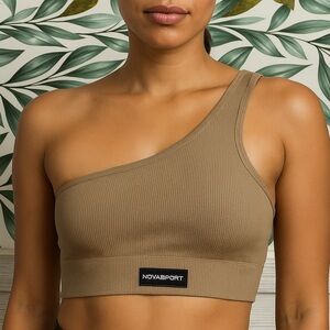NovaSport One-Shoulder Ribbed Sports Bra – Taupe